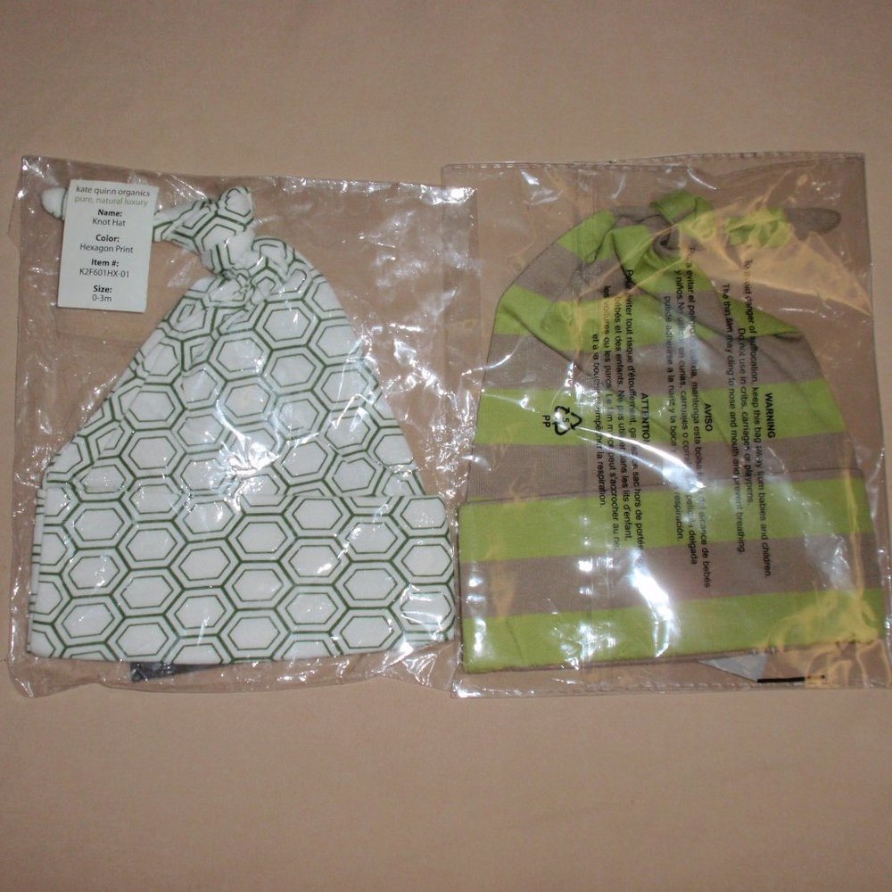Lot of 2 NWT Kate Quinn Organic Knot Gnome Baby Hats 0-3m Striped Hexagon